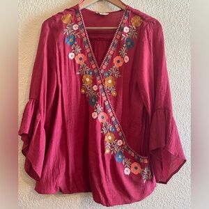 Entro Cranberry Embroidered Cross Front Ruffle Sleeve Blouse | Large